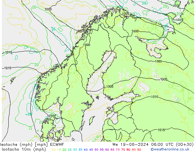 Isotachen (mph) ECMWF Mi 19.06.2024 06 UTC