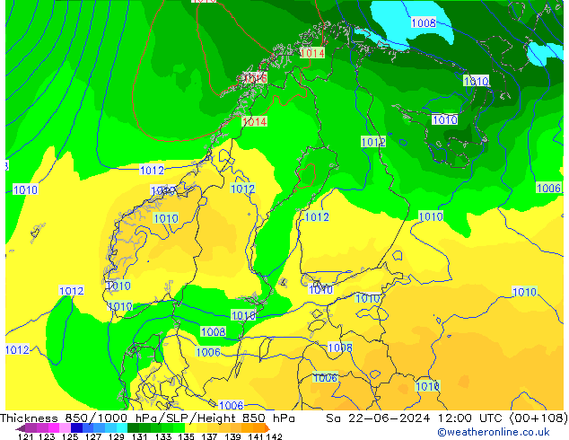 Thck 850-1000 hPa ECMWF Sa 22.06.2024 12 UTC