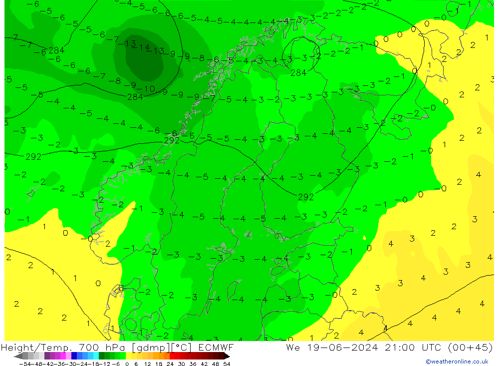 Height/Temp. 700 hPa ECMWF mer 19.06.2024 21 UTC