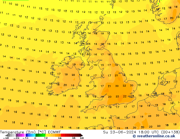 mapa temperatury (2m) ECMWF nie. 23.06.2024 18 UTC