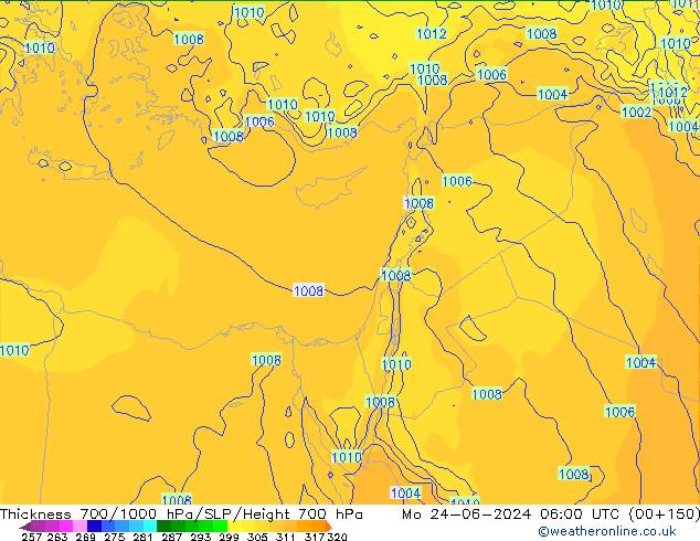 Thck 700-1000 hPa ECMWF Mo 24.06.2024 06 UTC