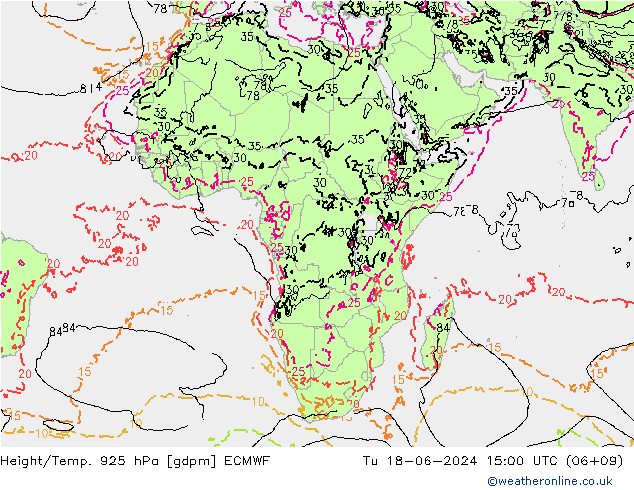 Hoogte/Temp. 925 hPa ECMWF di 18.06.2024 15 UTC