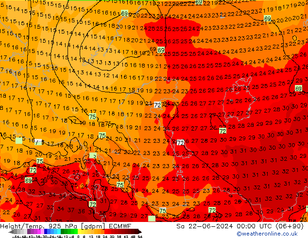 Height/Temp. 925 hPa ECMWF Sa 22.06.2024 00 UTC