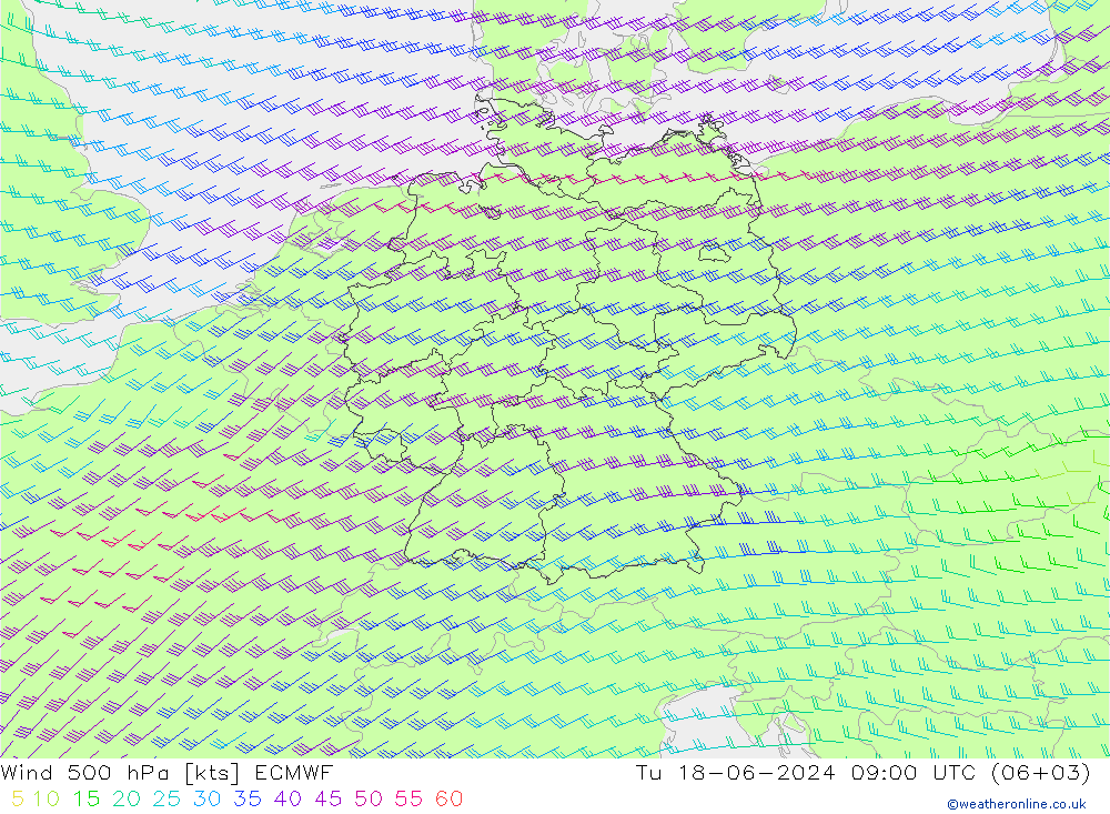 Wind 500 hPa ECMWF Út 18.06.2024 09 UTC