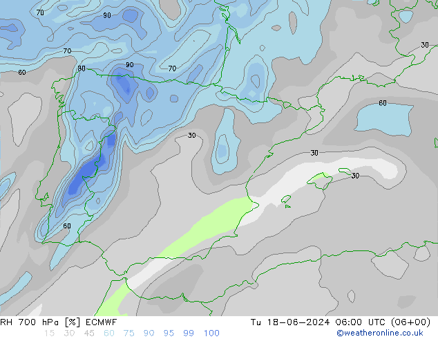 RH 700 hPa ECMWF wto. 18.06.2024 06 UTC