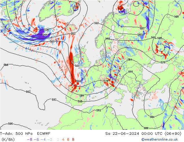 T-Adv. 500 hPa ECMWF sab 22.06.2024 00 UTC