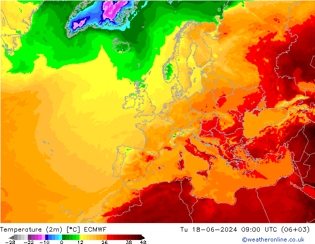 mapa temperatury (2m) ECMWF wto. 18.06.2024 09 UTC