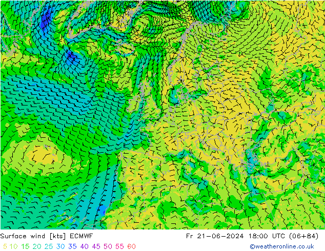 Surface wind ECMWF Pá 21.06.2024 18 UTC