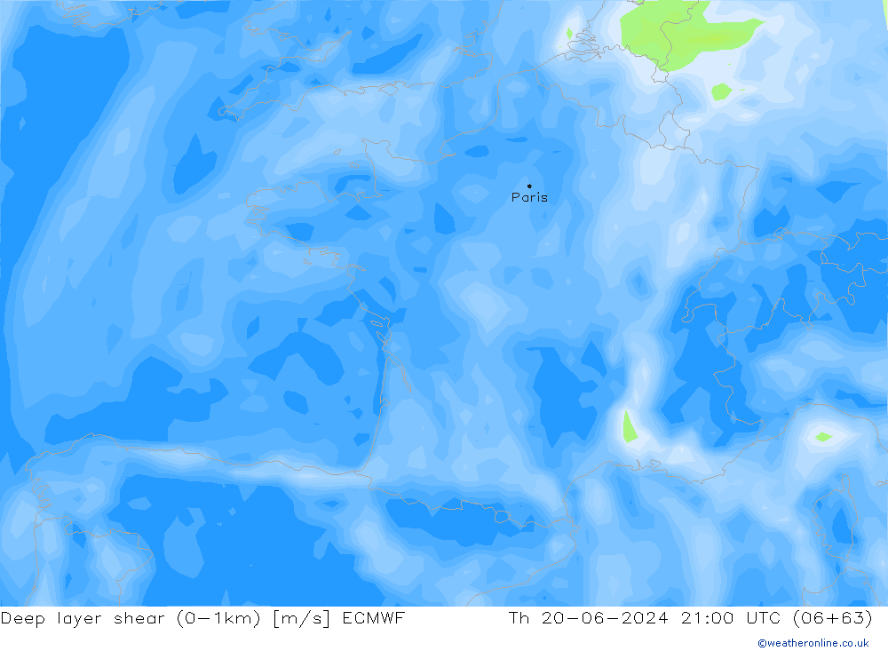 Deep layer shear (0-1km) ECMWF do 20.06.2024 21 UTC