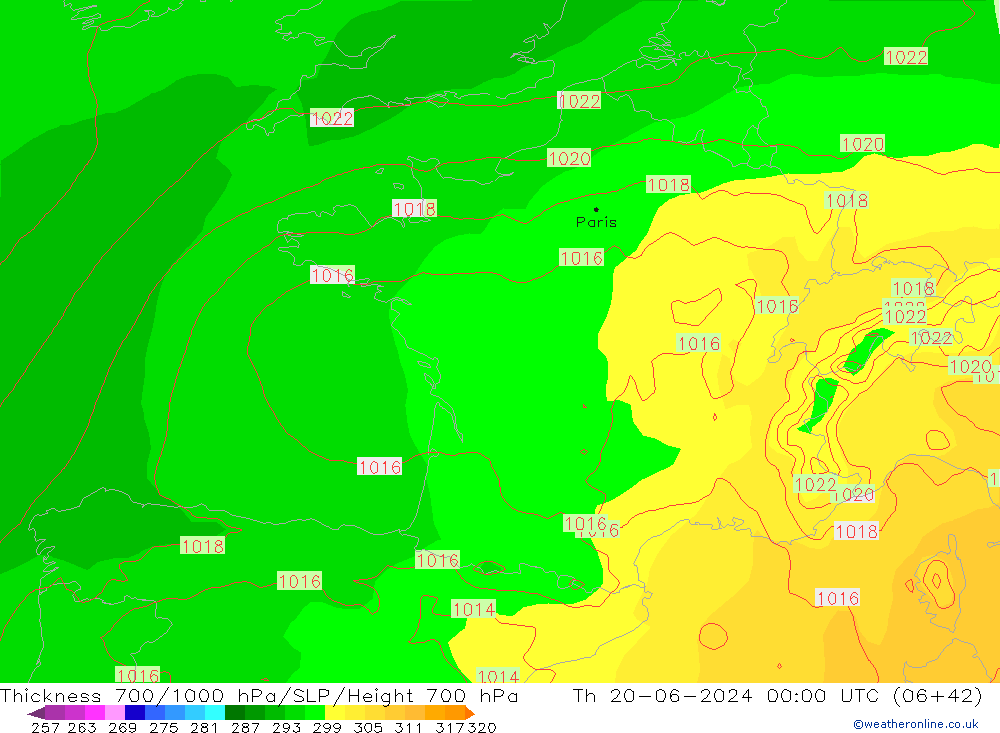 Thck 700-1000 hPa ECMWF gio 20.06.2024 00 UTC