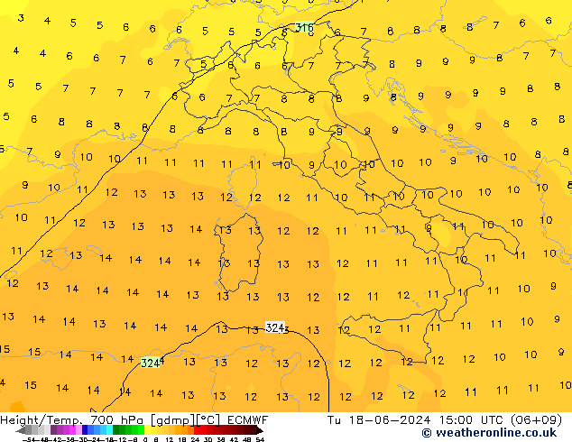 Géop./Temp. 700 hPa ECMWF mar 18.06.2024 15 UTC
