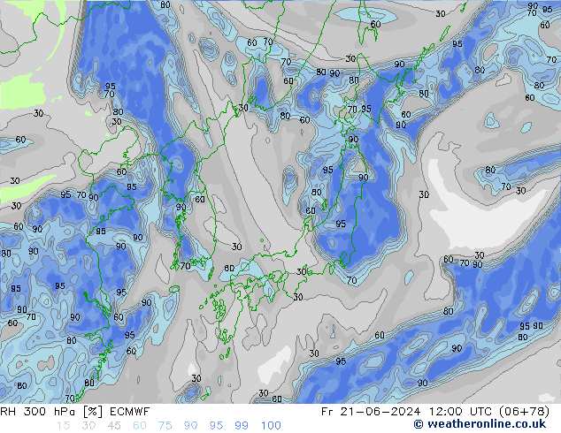 Humidité rel. 300 hPa ECMWF ven 21.06.2024 12 UTC