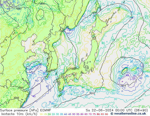 Eşrüzgar Hızları (km/sa) ECMWF Cts 22.06.2024 00 UTC