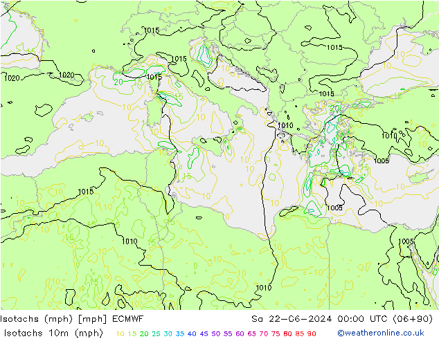 Isotachen (mph) ECMWF za 22.06.2024 00 UTC
