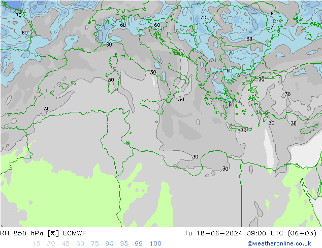 RH 850 гПа ECMWF вт 18.06.2024 09 UTC
