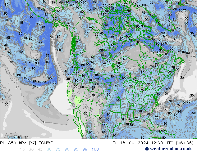 RH 850 hPa ECMWF wto. 18.06.2024 12 UTC