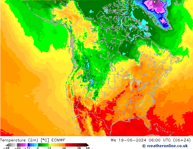 mapa temperatury (2m) ECMWF śro. 19.06.2024 06 UTC