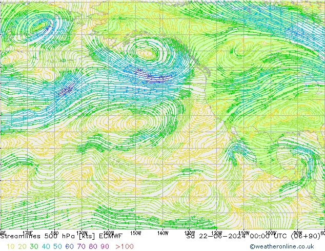 Stroomlijn 500 hPa ECMWF za 22.06.2024 00 UTC