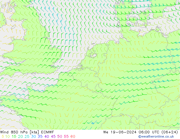 风 850 hPa ECMWF 星期三 19.06.2024 06 UTC