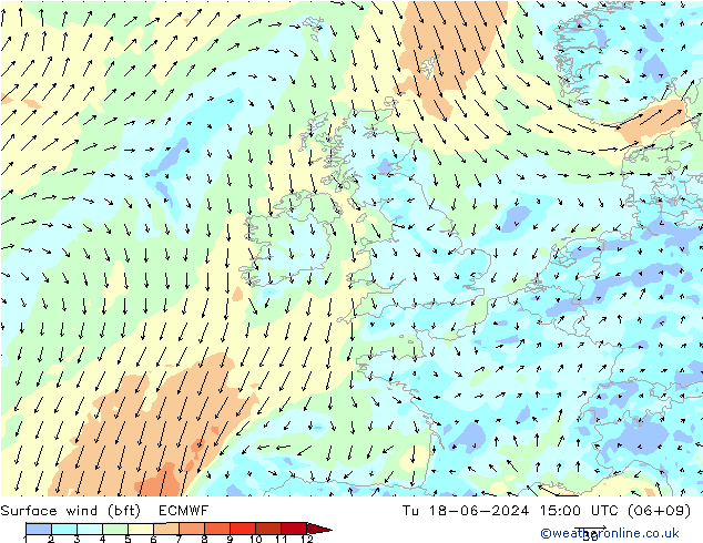 Rüzgar 10 m (bft) ECMWF Sa 18.06.2024 15 UTC