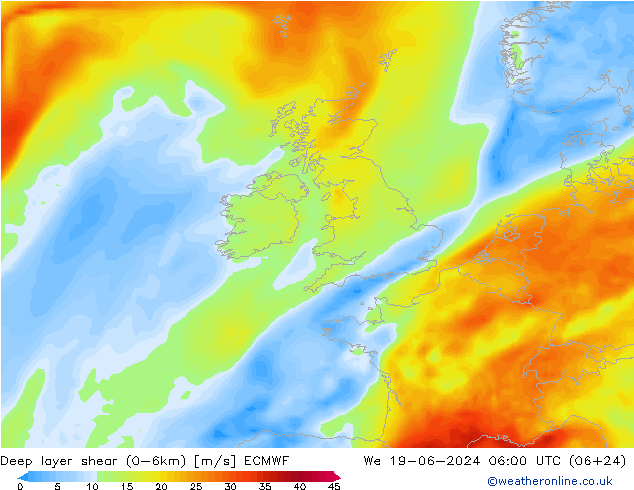 Deep layer shear (0-6km) ECMWF ср 19.06.2024 06 UTC