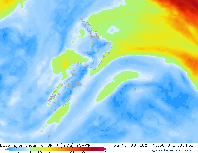 Deep layer shear (0-6km) ECMWF We 19.06.2024 15 UTC