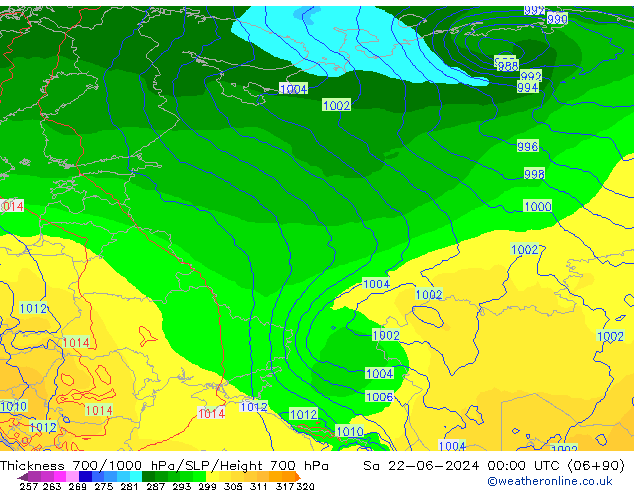 Thck 700-1000 hPa ECMWF Sa 22.06.2024 00 UTC