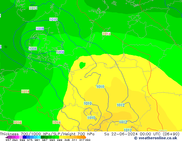 Thck 700-1000 гПа ECMWF сб 22.06.2024 00 UTC