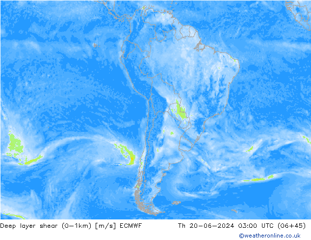 Deep layer shear (0-1km) ECMWF Th 20.06.2024 03 UTC