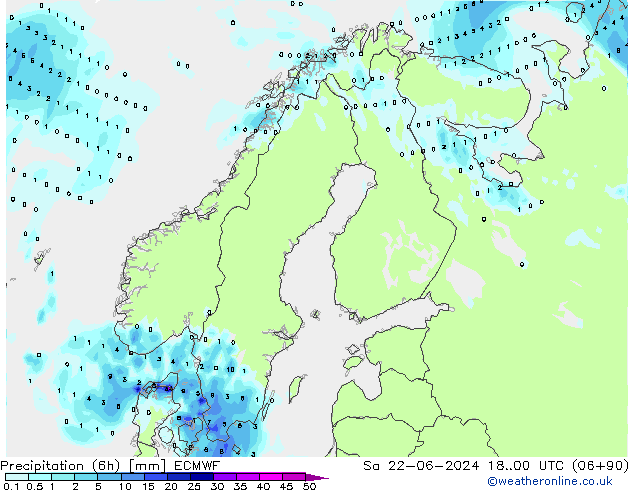 Precipitation (6h) ECMWF Sa 22.06.2024 00 UTC