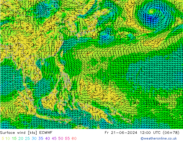 Surface wind ECMWF Pá 21.06.2024 12 UTC