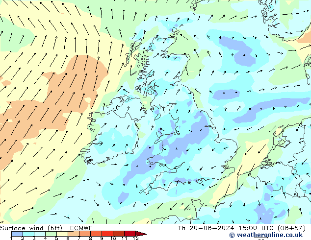 Vento 10 m (bft) ECMWF Qui 20.06.2024 15 UTC