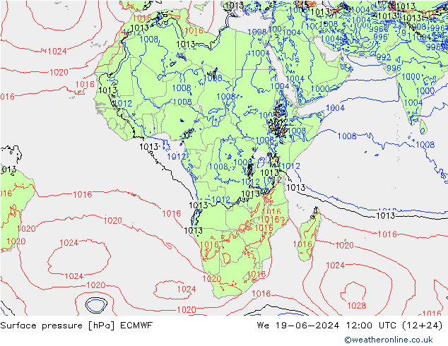 Presión superficial ECMWF mié 19.06.2024 12 UTC