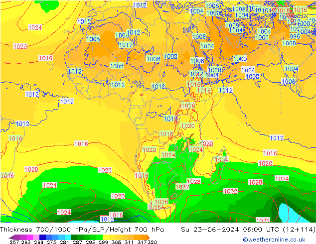 700-1000 hPa Kalınlığı ECMWF Paz 23.06.2024 06 UTC