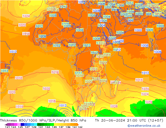 Thck 850-1000 hPa ECMWF Čt 20.06.2024 21 UTC