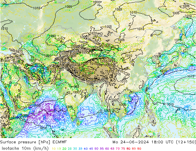 Isotachs (kph) ECMWF  24.06.2024 18 UTC