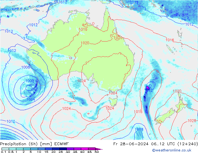 Totale neerslag (6h) ECMWF vr 28.06.2024 12 UTC