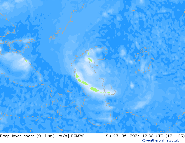 Deep layer shear (0-1km) ECMWF nie. 23.06.2024 12 UTC