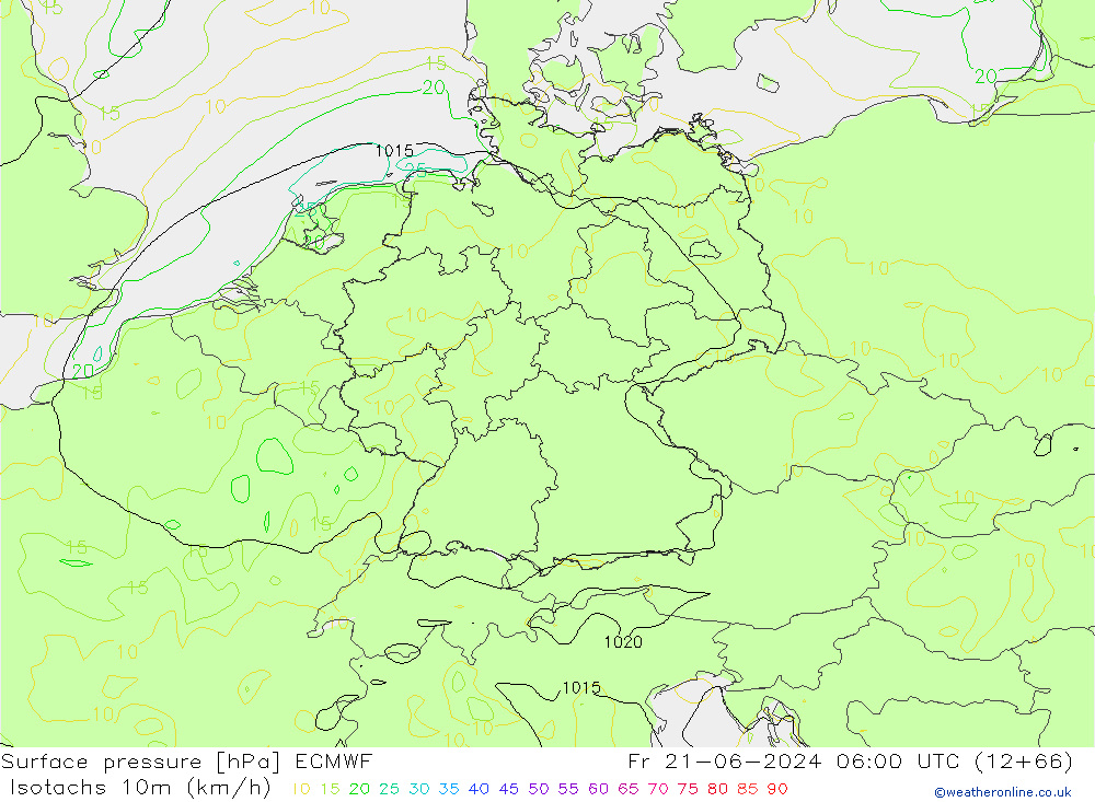 Isotachen (km/h) ECMWF Fr 21.06.2024 06 UTC