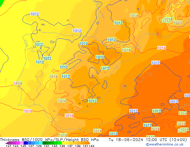 Thck 850-1000 hPa ECMWF wto. 18.06.2024 12 UTC