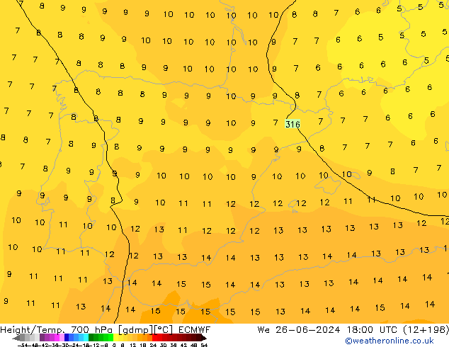 Height/Temp. 700 hPa ECMWF Qua 26.06.2024 18 UTC