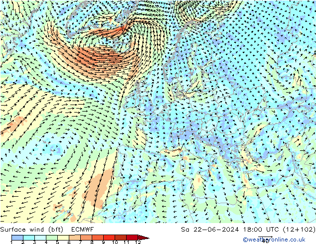 Surface wind (bft) ECMWF Sa 22.06.2024 18 UTC