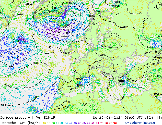 Isotachs (kph) ECMWF dim 23.06.2024 06 UTC