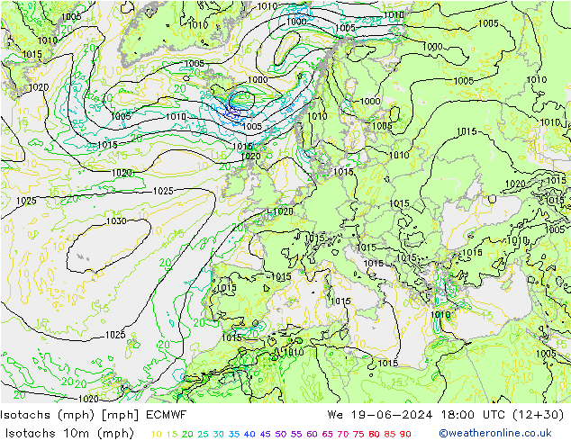 Isotachs (mph) ECMWF ср 19.06.2024 18 UTC