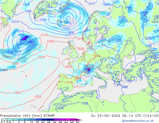 Z500/Rain (+SLP)/Z850 ECMWF dom 23.06.2024 12 UTC