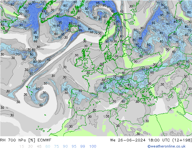 Humidité rel. 700 hPa ECMWF mer 26.06.2024 18 UTC