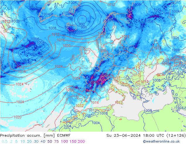 Precipitation accum. ECMWF Dom 23.06.2024 18 UTC