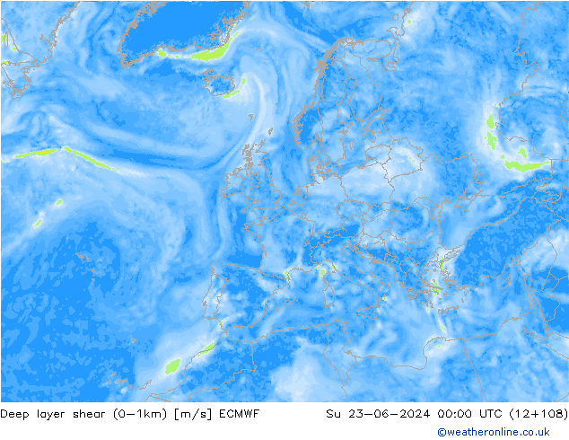 Deep layer shear (0-1km) ECMWF zo 23.06.2024 00 UTC