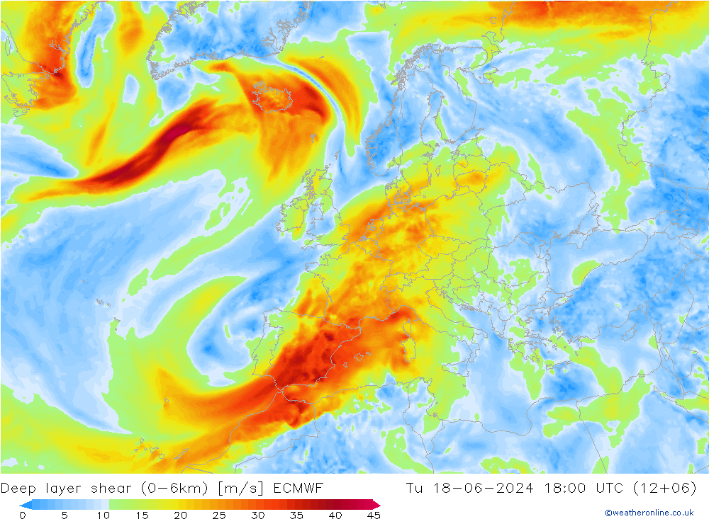 Deep layer shear (0-6km) ECMWF mar 18.06.2024 18 UTC