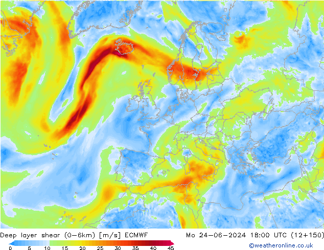 Deep layer shear (0-6km) ECMWF Mo 24.06.2024 18 UTC